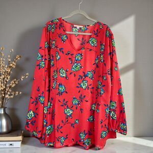 Woman Within Floral V Neck Tunic Blouse Plus Size 26/28 Red Spring
